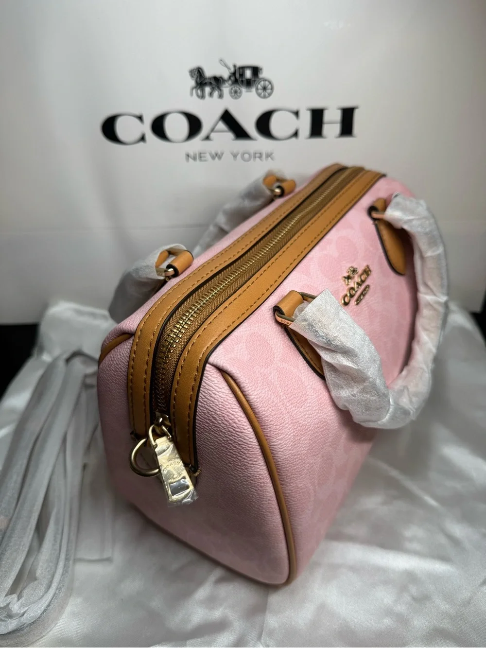 Coach Pink Leather Satchel with Tan Trim